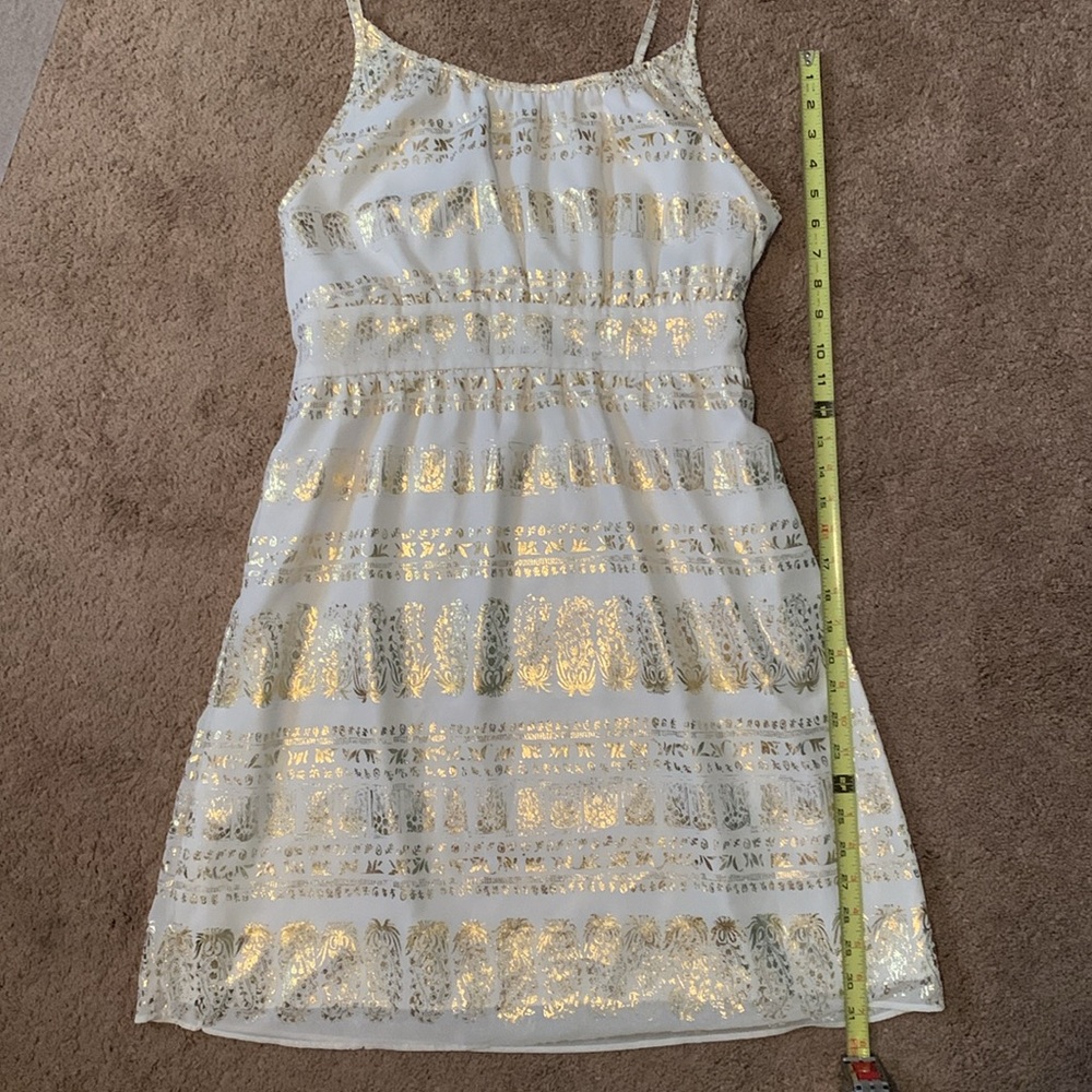 Gold print dress with straps and side zipper